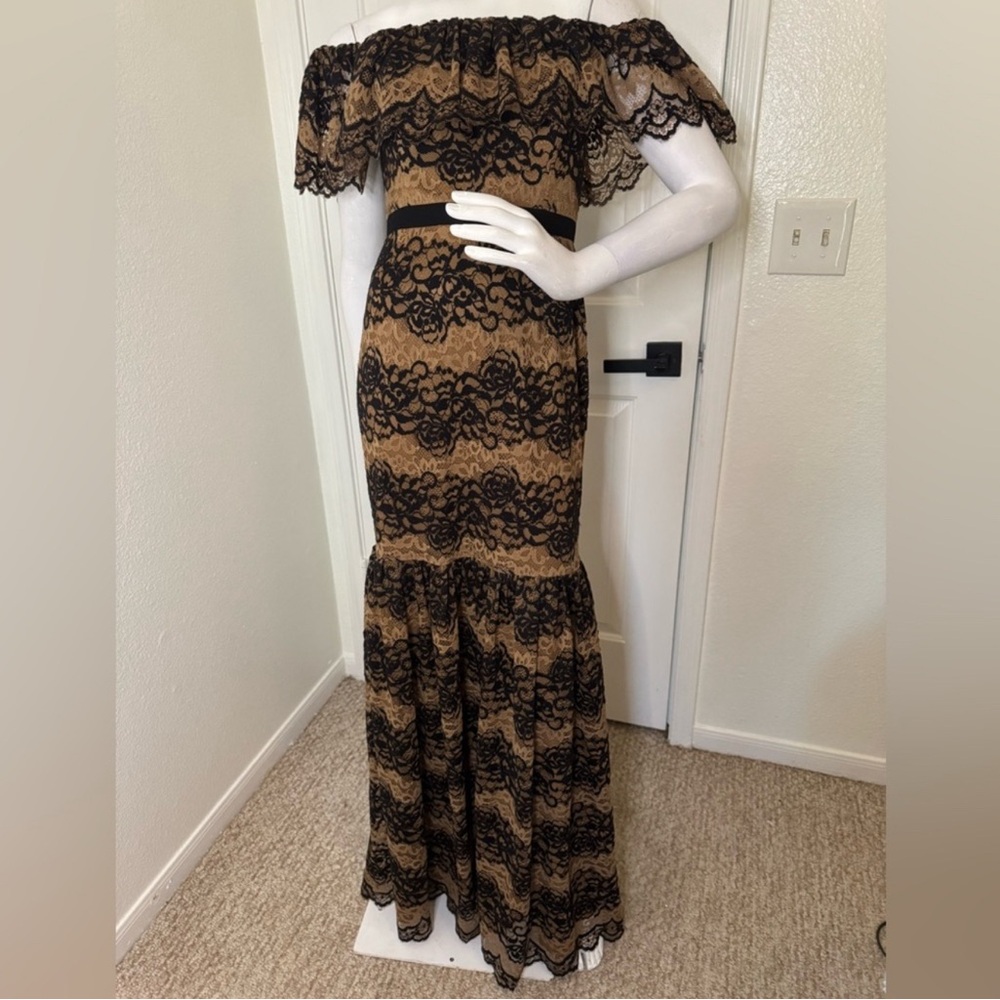 Halston Heritage Black and Tan Off-Shoulder Gown